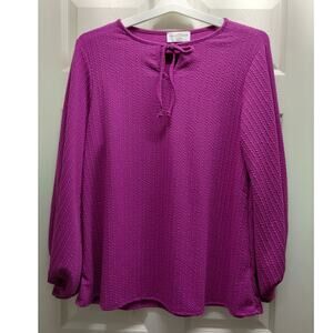 Discount Divas Size 2XL Fuchsia Magenta Long Sleeve Textured Thick Tie Neck Top